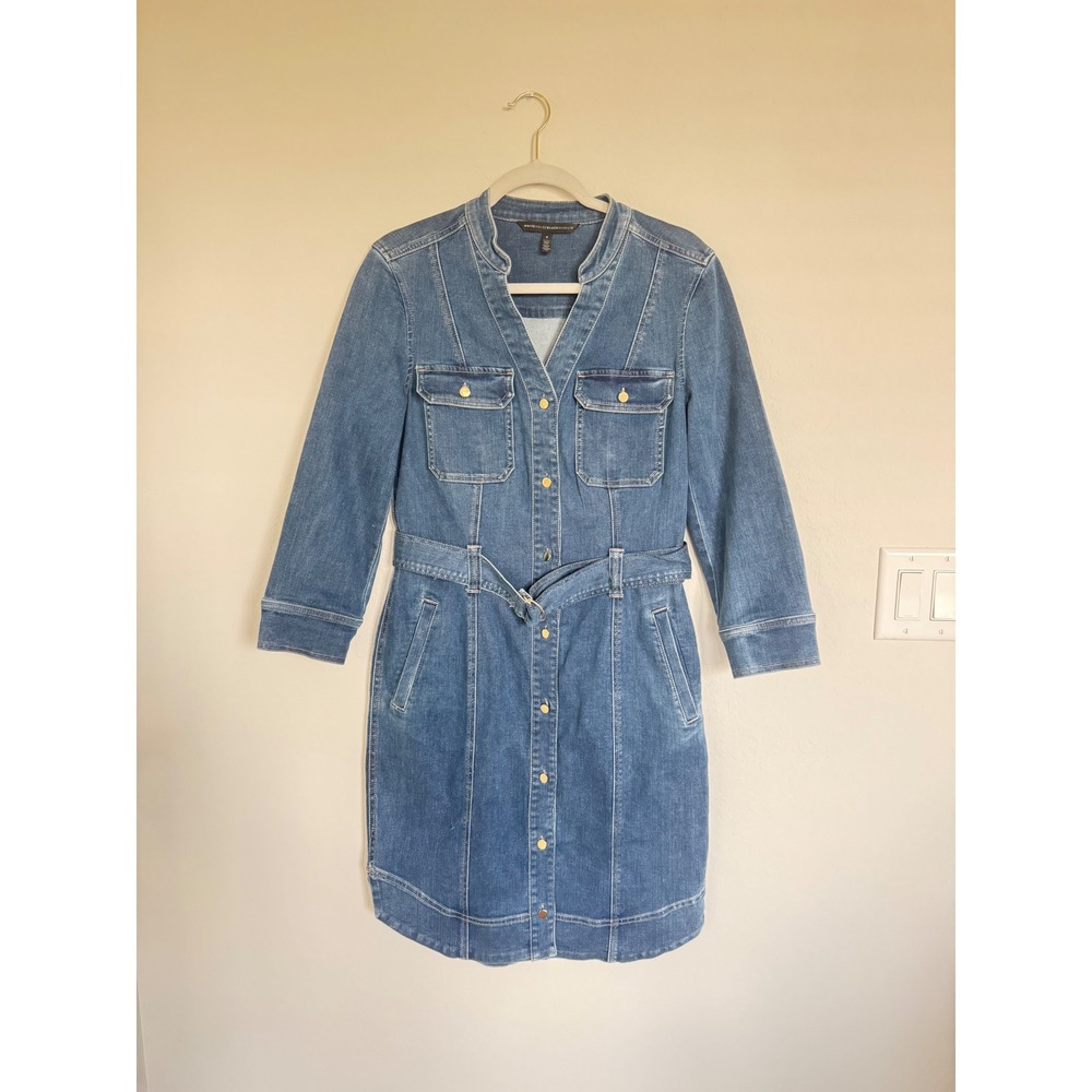 White House Black Market Denim Belted Shirt Dress Blue Size 8 Button Front-0703